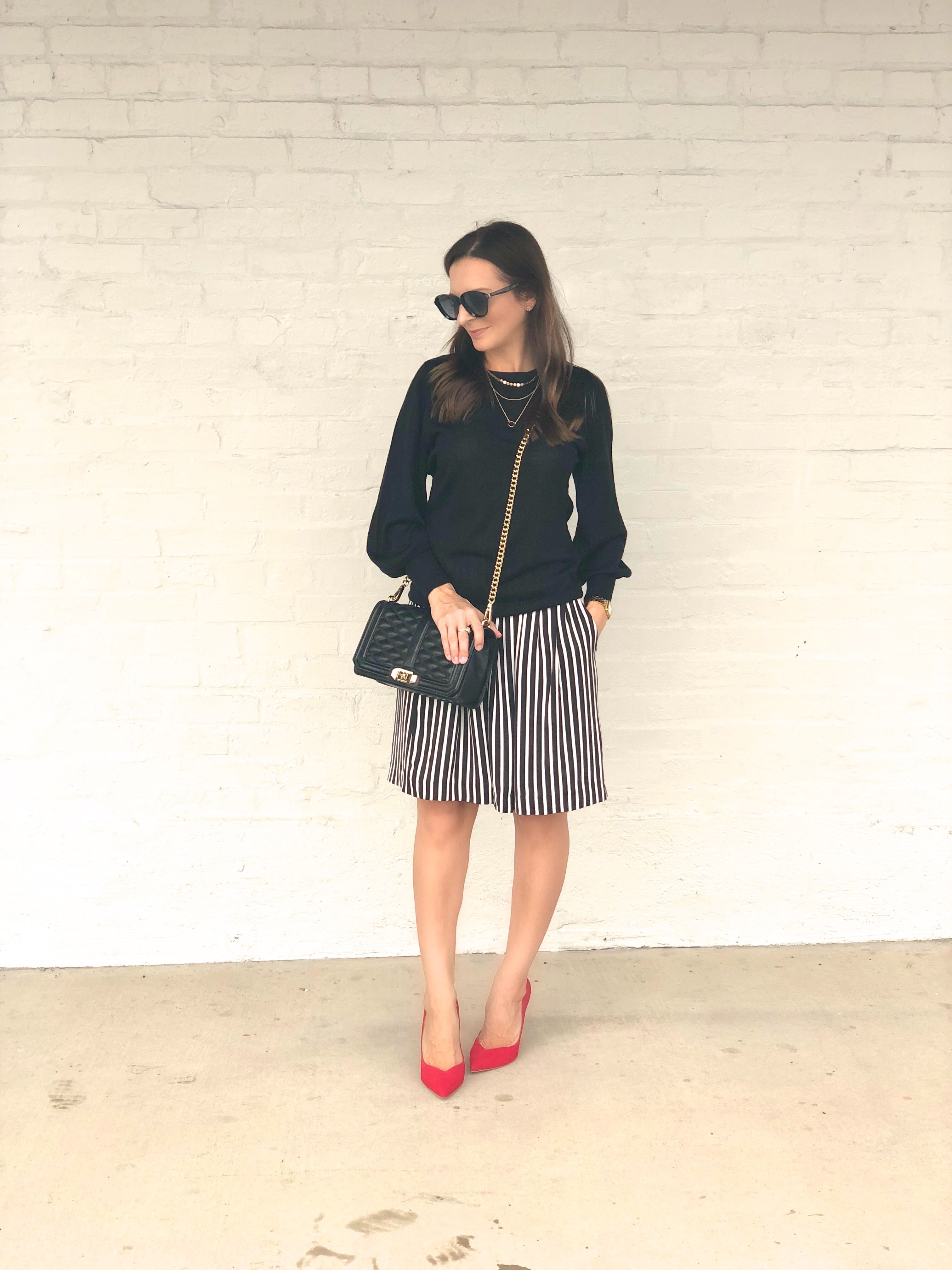 a-line stripe skirt, J.Crew Factory skirt, fall skirt style, red schutlz pumps